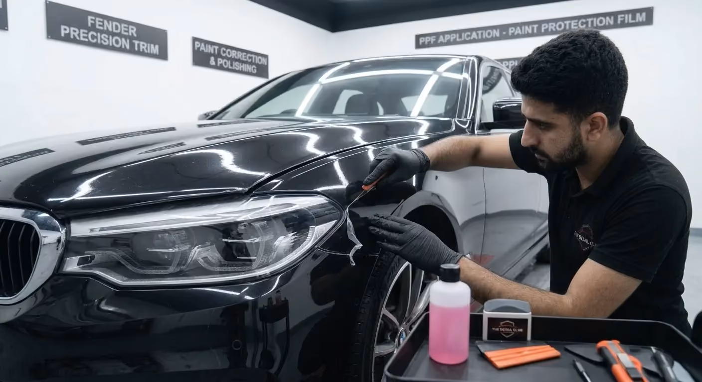 Paint protection film being professionally applied to a vehicle